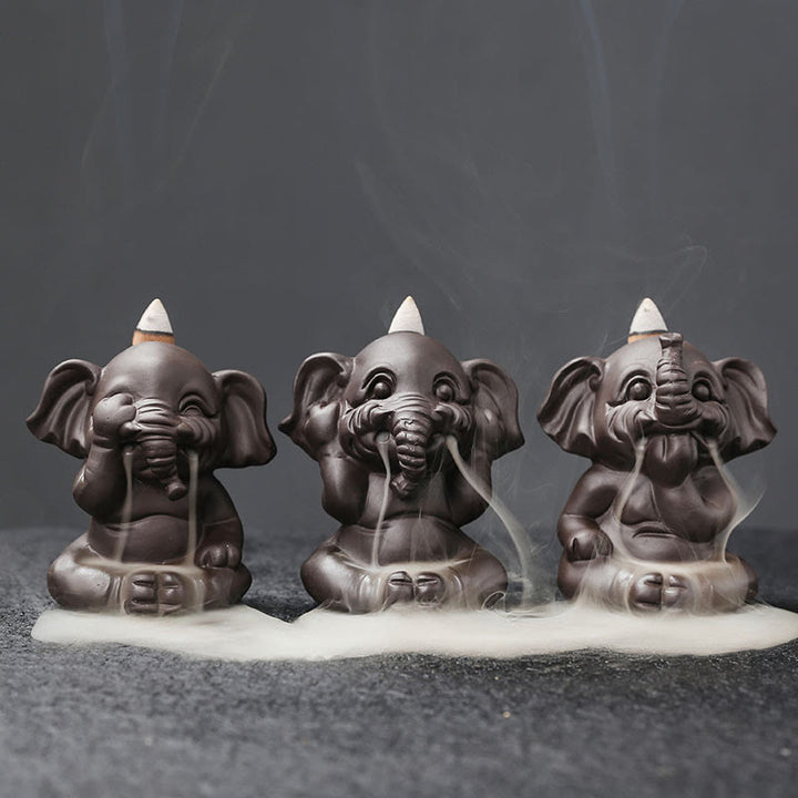 Buddha Stones Uroczy Słoń Fioletowa Glina Cofanie Dymu Fontanna Pokój Uzdrawiający Kadzidło Palnik Dekoracja - Zestaw 3 słoni - image 1