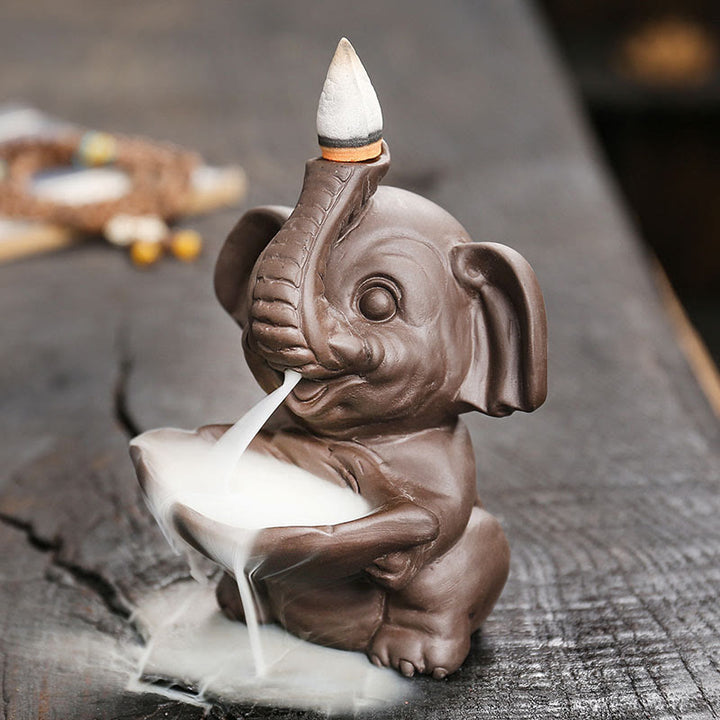 Buddha Stones Mały Słoń Trzymający Liść Fioletowa Glina Fontanna Dymna Z Przepływem Wstecznym Uzdrawiająca Kadzielnica Dekoracja - image 2