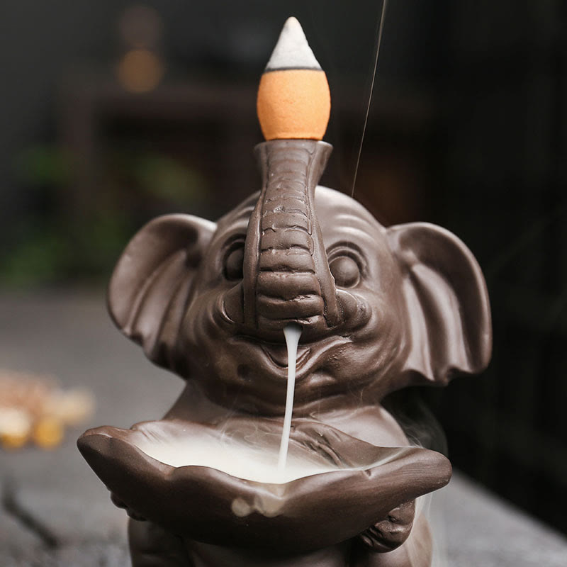 Buddha Stones Mały Słoń Trzymający Liść Fioletowa Glina Fontanna Dymna Z Przepływem Wstecznym Uzdrawiająca Kadzielnica Dekoracja - image 9