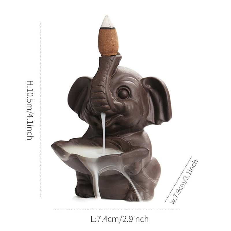 Buddha Stones Mały Słoń Trzymający Liść Fioletowa Glina Fontanna Dymna Z Przepływem Wstecznym Uzdrawiająca Kadzielnica Dekoracja - image 15