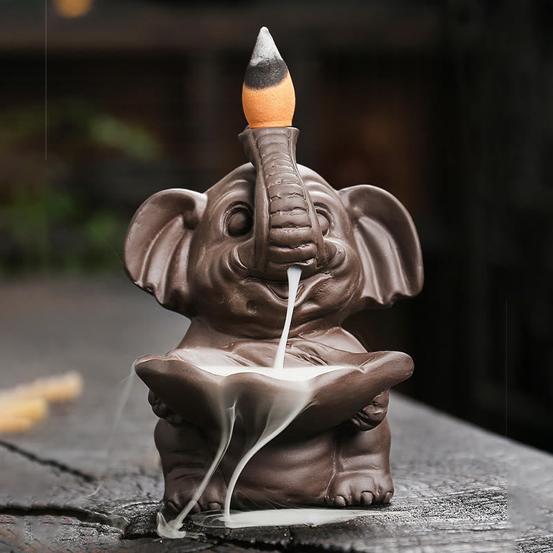 Buddha Stones Mały Słoń Trzymający Liść Fioletowa Glina Fontanna Dymna Z Przepływem Wstecznym Uzdrawiająca Kadzielnica Dekoracja - image 7