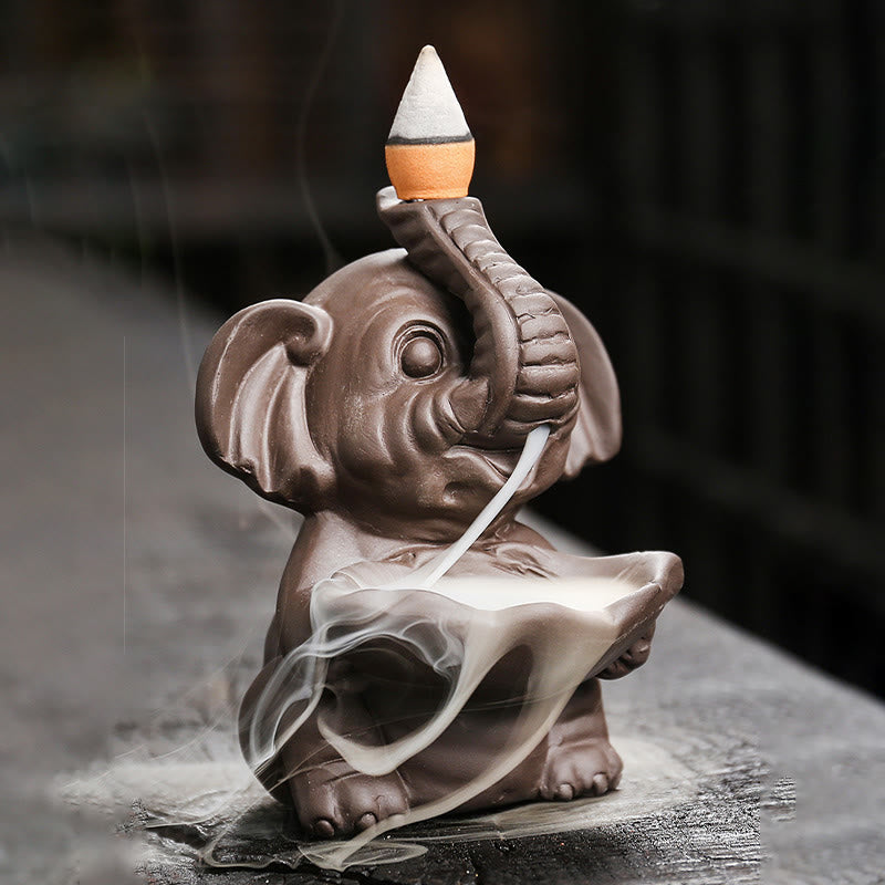 Buddha Stones Mały Słoń Trzymający Liść Fioletowa Glina Fontanna Dymna Z Przepływem Wstecznym Uzdrawiająca Kadzielnica Dekoracja - image 2