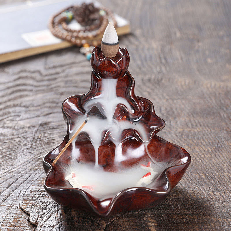 Buddha Stones Liść Lotosu Ryba Koi Ceramiczna Fontanna Dymna Z Przepływem Pokoju Dekoracja Kadzidła - Czerwony 11,5*11*10cm - image 16