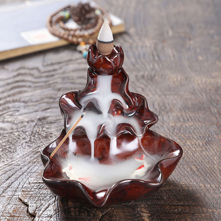 Buddha Stones Liść Lotosu Ryba Koi Ceramiczna Fontanna Dymna Z Przepływem Pokoju Dekoracja Kadzidła - Czerwony 11,5*11*10cm - image 16
