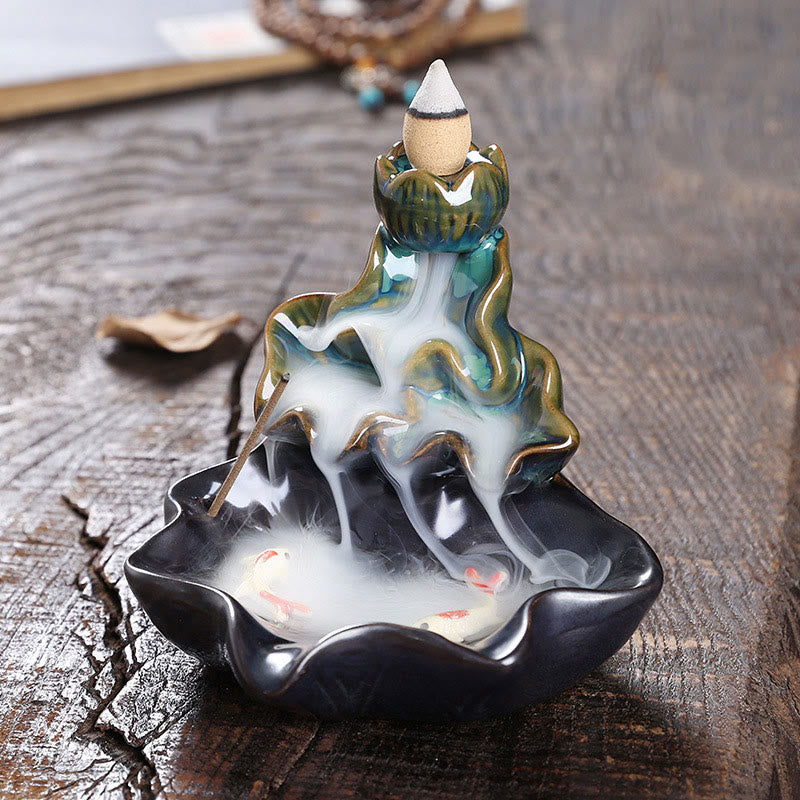 Buddha Stones Liść Lotosu Ryba Koi Ceramiczna Fontanna Dymna Z Przepływem Pokoju Dekoracja Kadzidła - Niebieski 11,5*11*10 cm - image 1