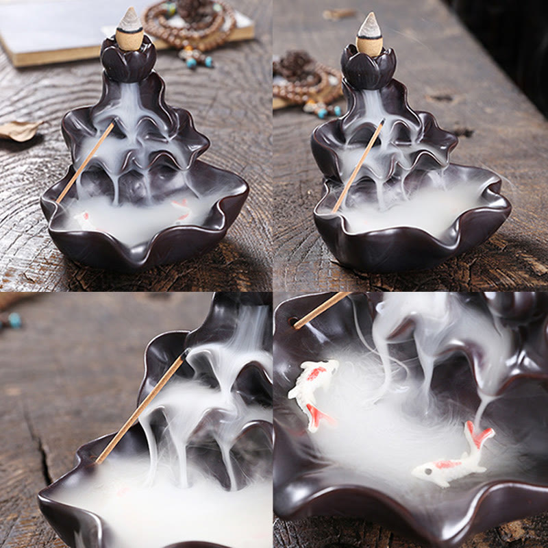 Buddha Stones Liść Lotosu Ryba Koi Ceramiczna Fontanna Dymna Z Przepływem Pokoju Dekoracja Kadzidła - image 15