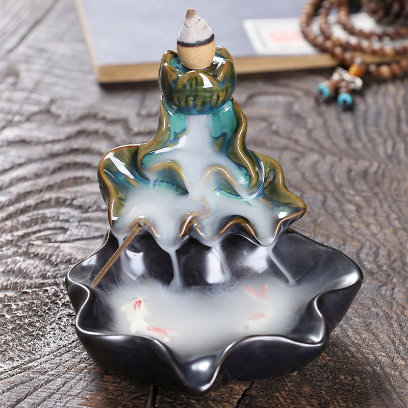 Buddha Stones Liść Lotosu Ryba Koi Ceramiczna Fontanna Dymna Z Przepływem Pokoju Dekoracja Kadzidła - image 3