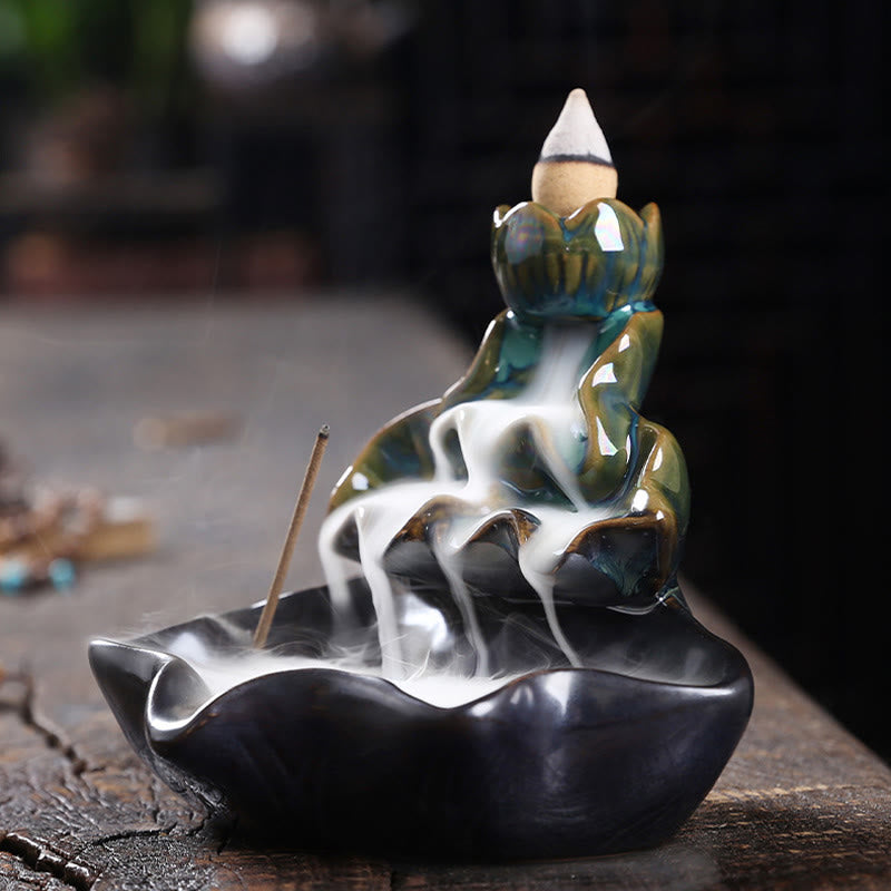 Buddha Stones Liść Lotosu Ryba Koi Ceramiczna Fontanna Dymna Z Przepływem Pokoju Dekoracja Kadzidła - image 4