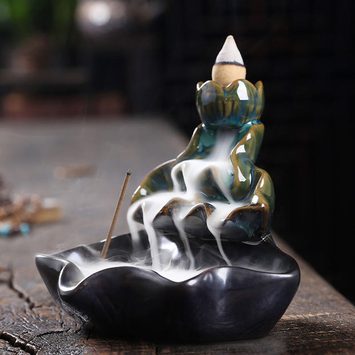 Buddha Stones Liść Lotosu Ryba Koi Ceramiczna Fontanna Dymna Z Przepływem Pokoju Dekoracja Kadzidła - image 4