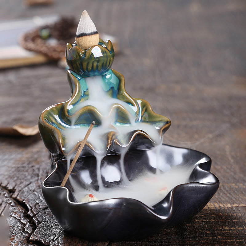 Buddha Stones Liść Lotosu Ryba Koi Ceramiczna Fontanna Dymna Z Przepływem Pokoju Dekoracja Kadzidła - image 2