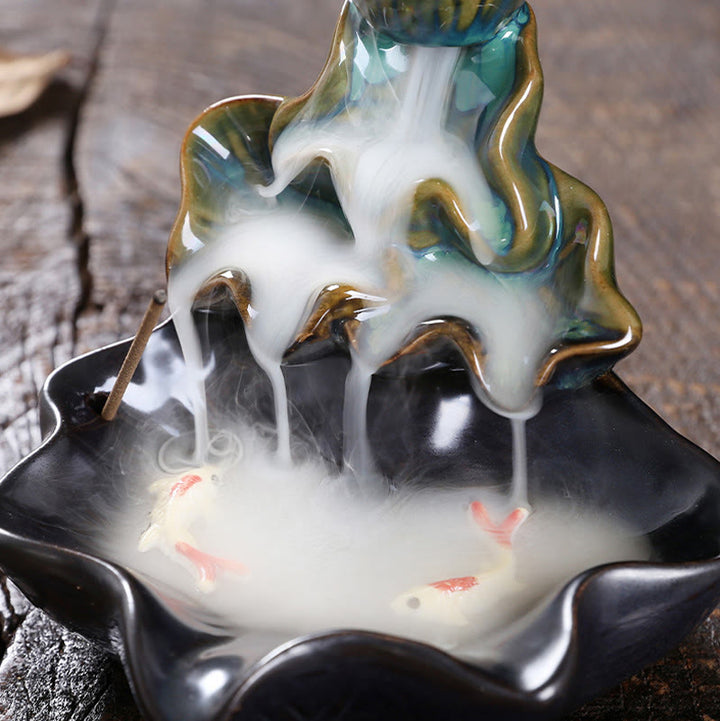 Buddha Stones Liść Lotosu Ryba Koi Ceramiczna Fontanna Dymna Z Przepływem Pokoju Dekoracja Kadzidła - image 8
