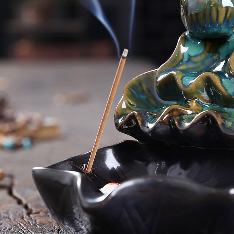 Buddha Stones Liść Lotosu Ryba Koi Ceramiczna Fontanna Dymna Z Przepływem Pokoju Dekoracja Kadzidła - image 10