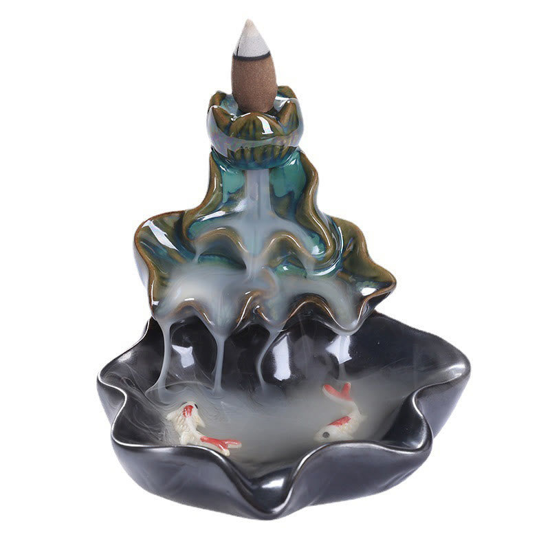 Buddha Stones Liść Lotosu Ryba Koi Ceramiczna Fontanna Dymna Z Przepływem Pokoju Dekoracja Kadzidła - image 11