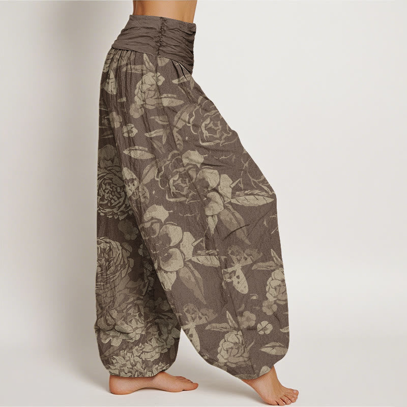 Buddha Stones Casual Peony Kwiaty Liście Damskie Spodnie Harem Elastyczna Talia - image 6