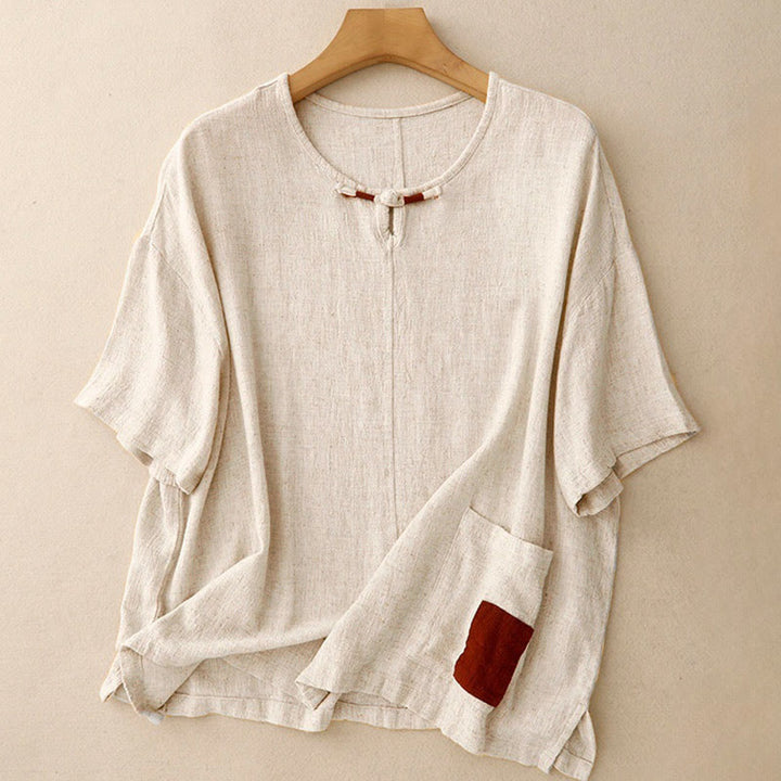 Koszula damska z krótkim rękawem i kieszeniami, z bawełny i lnu, z rozcięciem z boku i guzikami w kolorze Buddha Stones - AntiqueWhite - US14, UK/AU18, EU46 (2XL) - image 0