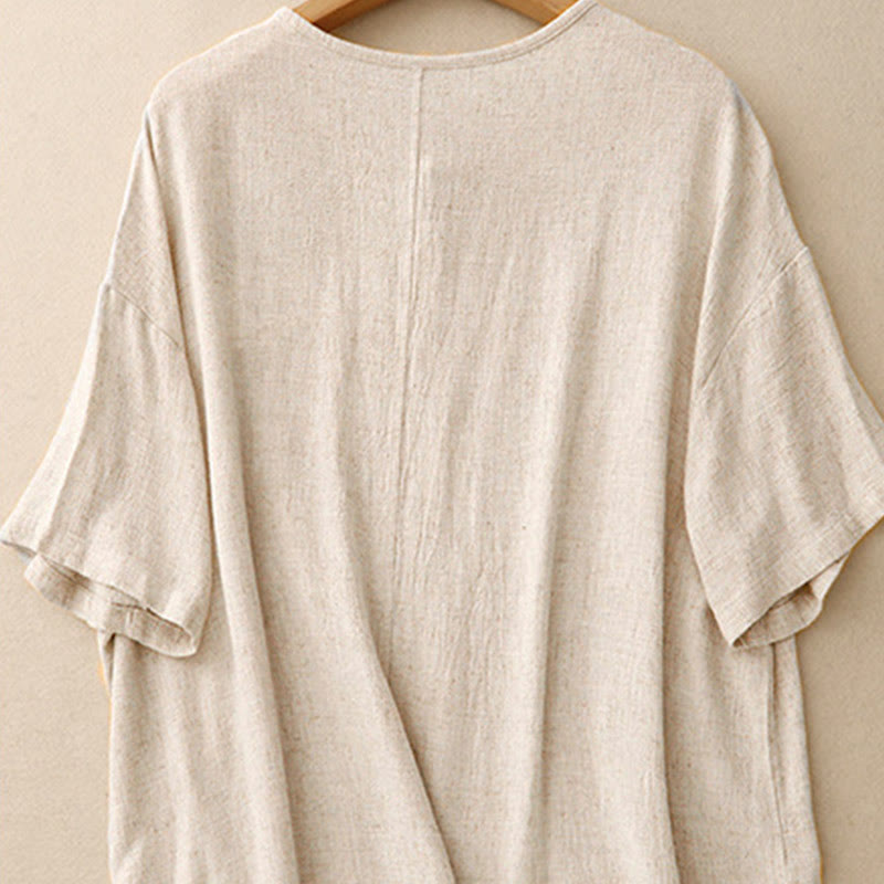 Koszula damska z krótkim rękawem i kieszeniami, z bawełny i lnu, z rozcięciem z boku i guzikami w kolorze Buddha Stones - image 2