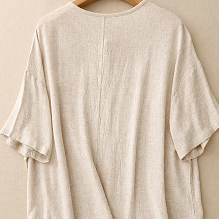 Koszula damska z krótkim rękawem i kieszeniami, z bawełny i lnu, z rozcięciem z boku i guzikami w kolorze Buddha Stones - image 2