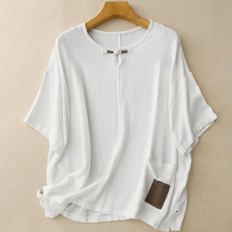 Koszula damska z krótkim rękawem i kieszeniami, z bawełny i lnu, z rozcięciem z boku i guzikami w kolorze Buddha Stones - Biały - US14, UK/AU18, EU46 (2XL) - image 15