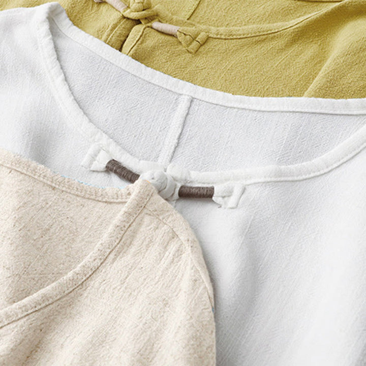 Koszula damska z krótkim rękawem i kieszeniami, z bawełny i lnu, z rozcięciem z boku i guzikami w kolorze Buddha Stones - image 23