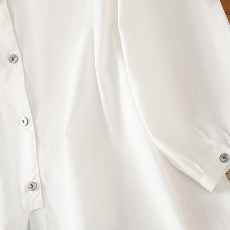 Koszula damska z okrągłym dekoltem i prostym koronkowym obszyciem w kształcie Buddha Stones , zapinana na guziki, z bawełny i lnu, z rękawami trzy czwarte - image 15