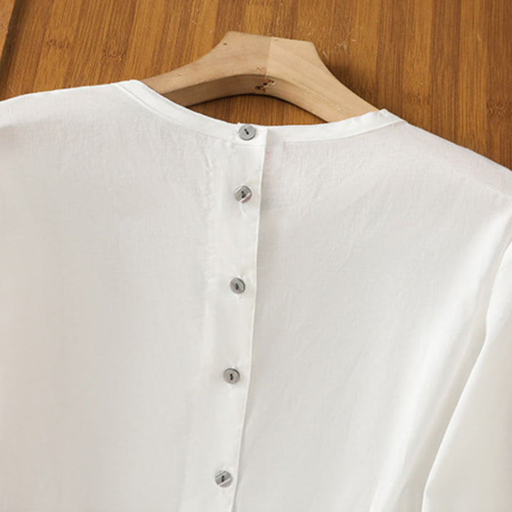 Koszula damska z okrągłym dekoltem i prostym koronkowym obszyciem w kształcie Buddha Stones , zapinana na guziki, z bawełny i lnu, z rękawami trzy czwarte - image 17