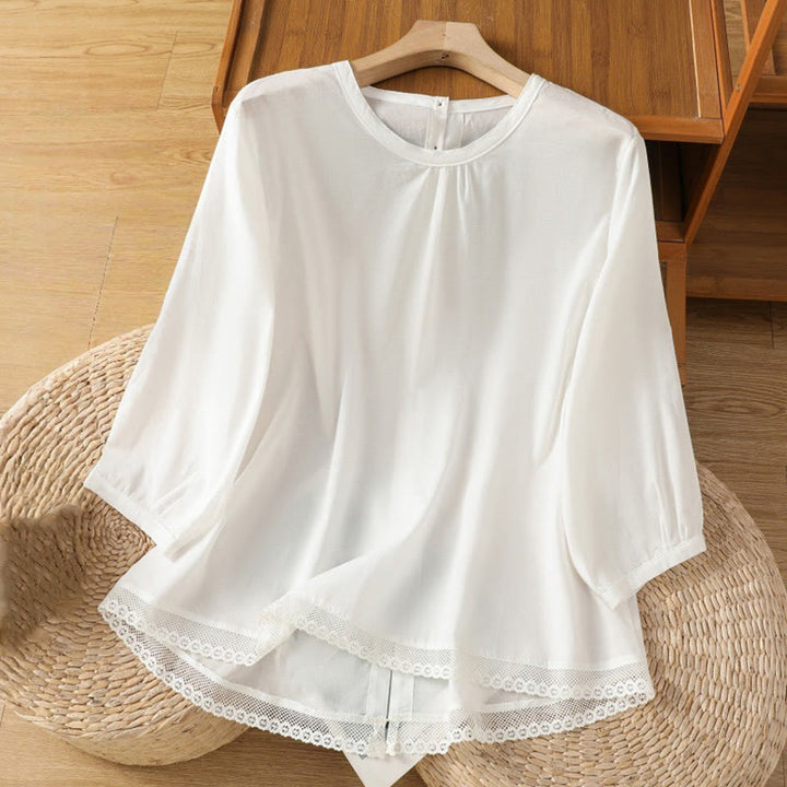 Koszula damska z okrągłym dekoltem i prostym koronkowym obszyciem w kształcie Buddha Stones , zapinana na guziki, z bawełny i lnu, z rękawami trzy czwarte - Biały - US14, UK/AU18, EU46 (2XL) - image 10