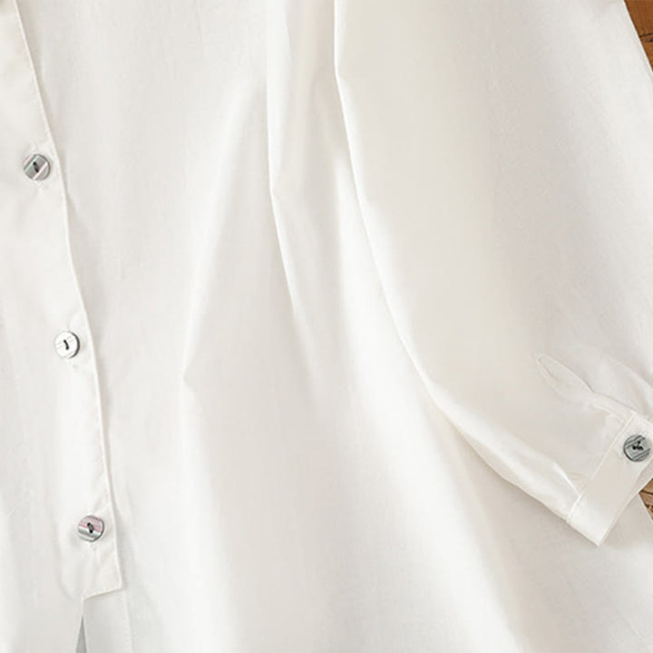 Koszula damska z okrągłym dekoltem i prostym koronkowym obszyciem w kształcie Buddha Stones , zapinana na guziki, z bawełny i lnu, z rękawami trzy czwarte - image 16