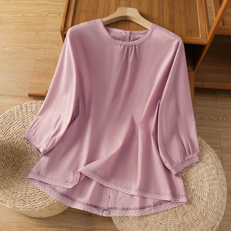 Koszula damska z okrągłym dekoltem i prostym koronkowym obszyciem w kształcie Buddha Stones , zapinana na guziki, z bawełny i lnu, z rękawami trzy czwarte - Śliwka - US14, UK/AU18, EU46 (2XL) - image 18