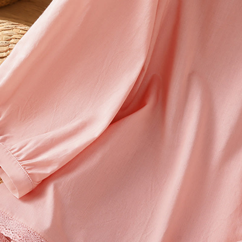 Koszula damska z okrągłym dekoltem i prostym koronkowym obszyciem w kształcie Buddha Stones , zapinana na guziki, z bawełny i lnu, z rękawami trzy czwarte - image 30