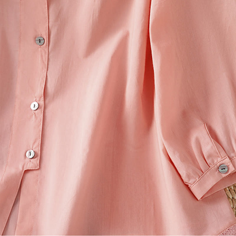 Koszula damska z okrągłym dekoltem i prostym koronkowym obszyciem w kształcie Buddha Stones , zapinana na guziki, z bawełny i lnu, z rękawami trzy czwarte - image 31