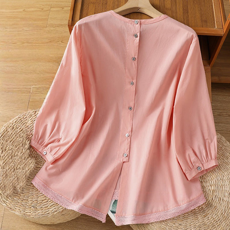 Koszula damska z okrągłym dekoltem i prostym koronkowym obszyciem w kształcie Buddha Stones , zapinana na guziki, z bawełny i lnu, z rękawami trzy czwarte - image 27