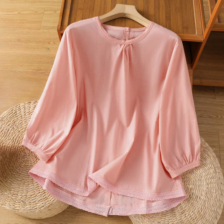 Koszula damska z okrągłym dekoltem i prostym koronkowym obszyciem w kształcie Buddha Stones , zapinana na guziki, z bawełny i lnu, z rękawami trzy czwarte - Różowy - US14, UK/AU18, EU46 (2XL) - image 27