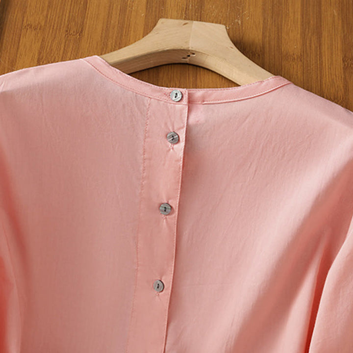 Koszula damska z okrągłym dekoltem i prostym koronkowym obszyciem w kształcie Buddha Stones , zapinana na guziki, z bawełny i lnu, z rękawami trzy czwarte - image 33