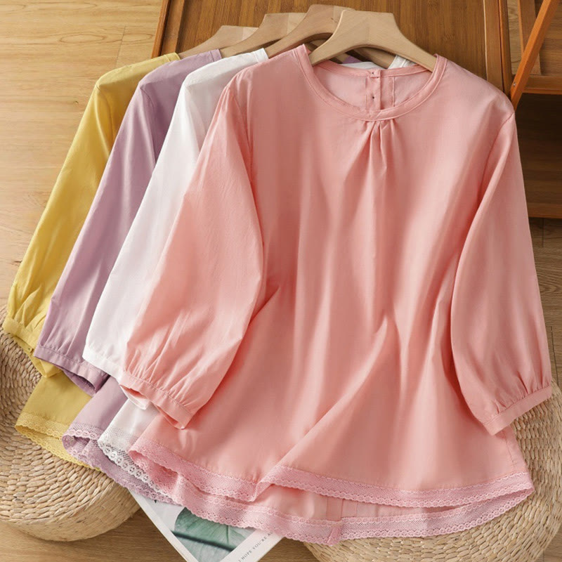 Koszula damska z okrągłym dekoltem i prostym koronkowym obszyciem w kształcie Buddha Stones , zapinana na guziki, z bawełny i lnu, z rękawami trzy czwarte - image 36