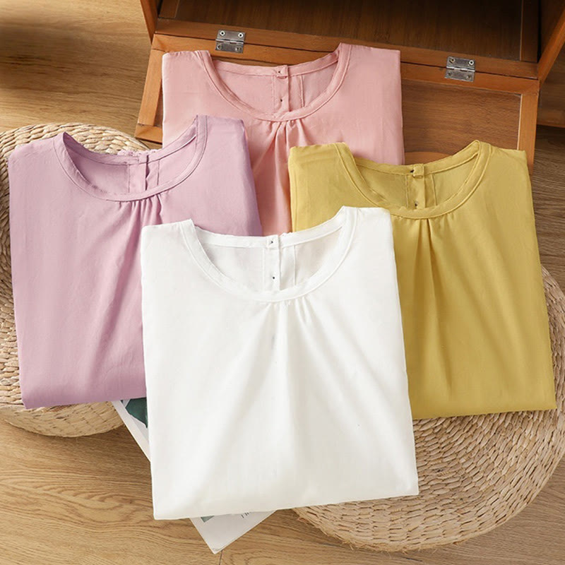 Koszula damska z okrągłym dekoltem i prostym koronkowym obszyciem w kształcie Buddha Stones , zapinana na guziki, z bawełny i lnu, z rękawami trzy czwarte - image 35