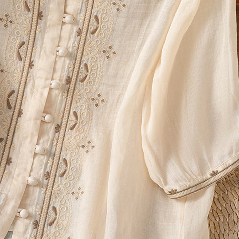 Koszula damska z krótkim rękawem i dekoltem w serek, haftowana żaba z poliestru z Buddha Stones - image 3