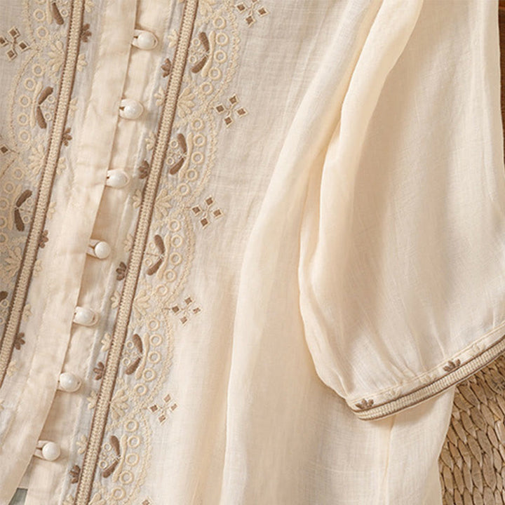 Koszula damska z krótkim rękawem i dekoltem w serek, haftowana żaba z poliestru z Buddha Stones - image 3