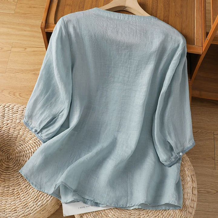 Koszula damska z krótkim rękawem i dekoltem w serek, haftowana żaba z poliestru z Buddha Stones - image 6