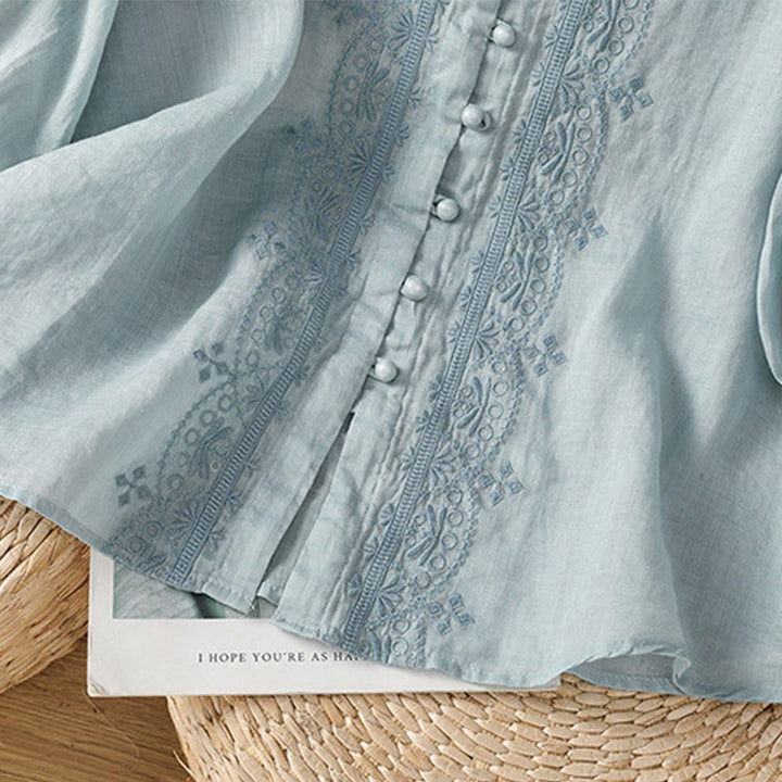 Koszula damska z krótkim rękawem i dekoltem w serek, haftowana żaba z poliestru z Buddha Stones - image 10