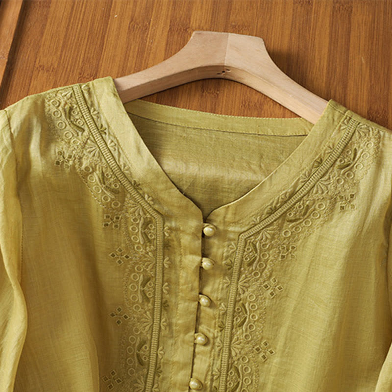 Koszula damska z krótkim rękawem i dekoltem w serek, haftowana żaba z poliestru z Buddha Stones - image 14