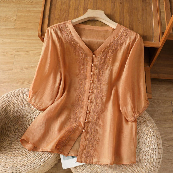 Koszula damska z krótkim rękawem i dekoltem w serek, haftowana żaba z poliestru z Buddha Stones - SandyBrown - US12, UK/AU16, EU44 (2XL) - image 18