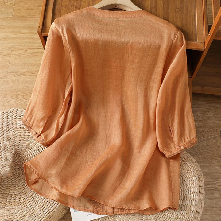 Koszula damska z krótkim rękawem i dekoltem w serek, haftowana żaba z poliestru z Buddha Stones - image 19