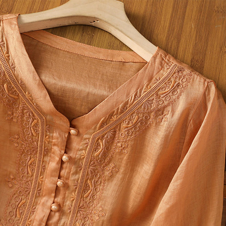 Koszula damska z krótkim rękawem i dekoltem w serek, haftowana żaba z poliestru z Buddha Stones - image 20