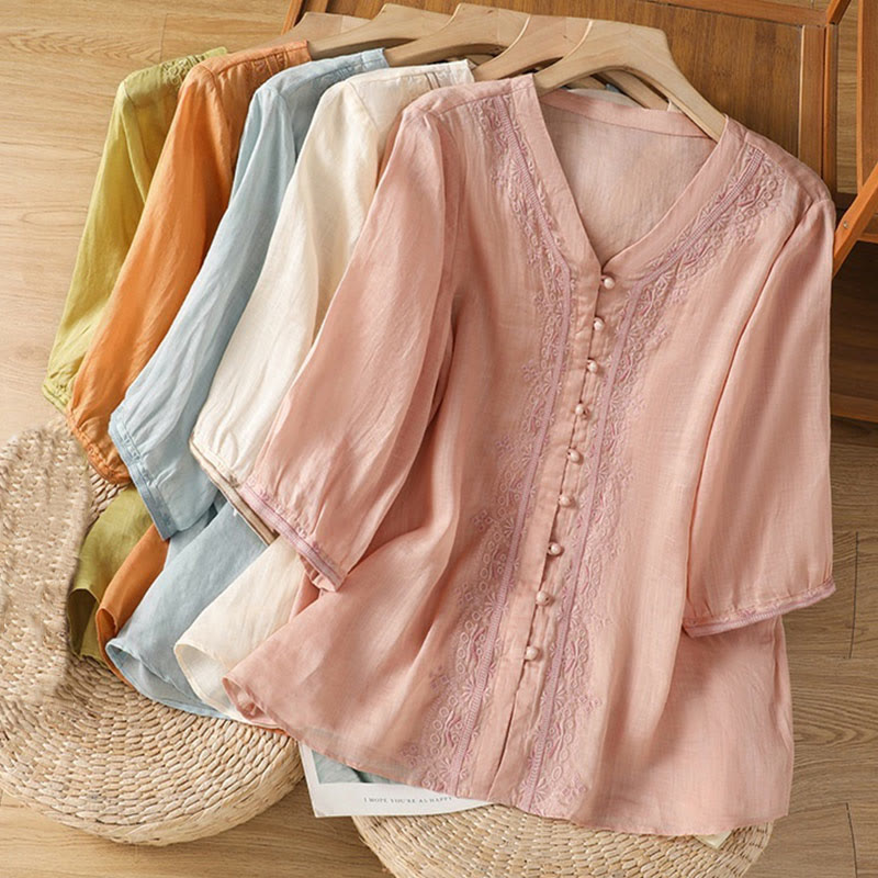 Koszula damska z krótkim rękawem i dekoltem w serek, haftowana żaba z poliestru z Buddha Stones - image 31