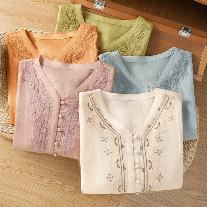 Koszula damska z krótkim rękawem i dekoltem w serek, haftowana żaba z poliestru z Buddha Stones - image 32