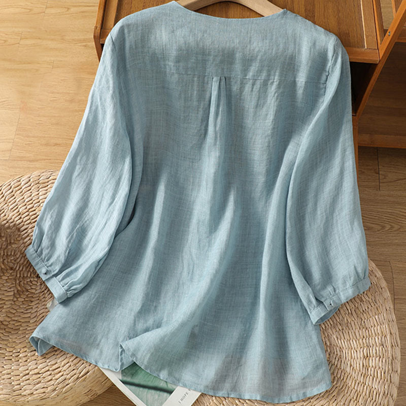 Koszula damska z Buddha Stones rękawem i dekoltem w serek, haftowana, jednorzędowa, z poliestru i guzikami - image 1