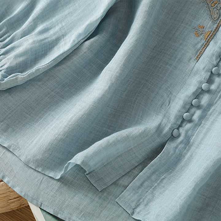 Koszula damska z Buddha Stones rękawem i dekoltem w serek, haftowana, jednorzędowa, z poliestru i guzikami - image 4