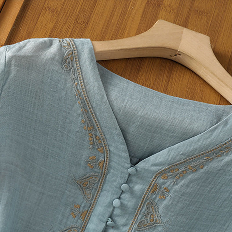 Koszula damska z Buddha Stones rękawem i dekoltem w serek, haftowana, jednorzędowa, z poliestru i guzikami - image 6