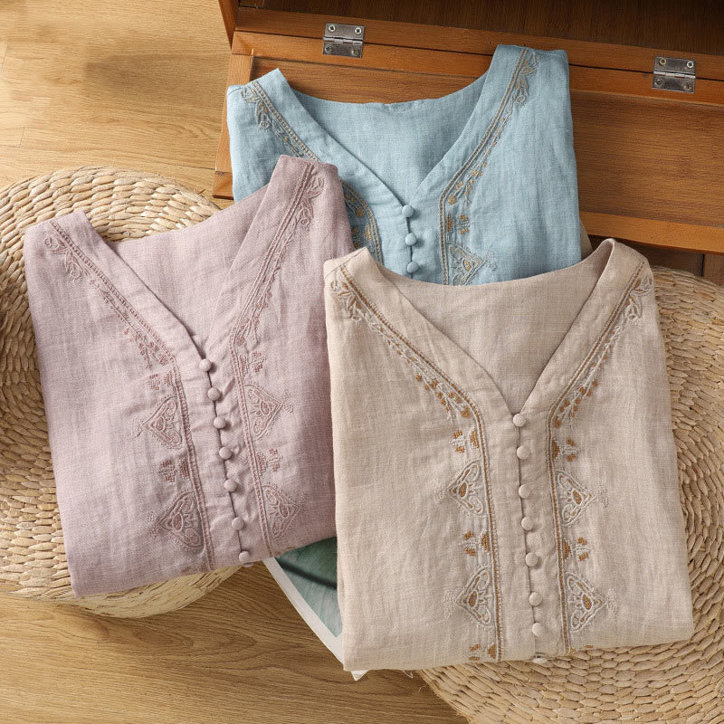 Koszula damska z Buddha Stones rękawem i dekoltem w serek, haftowana, jednorzędowa, z poliestru i guzikami - image 29