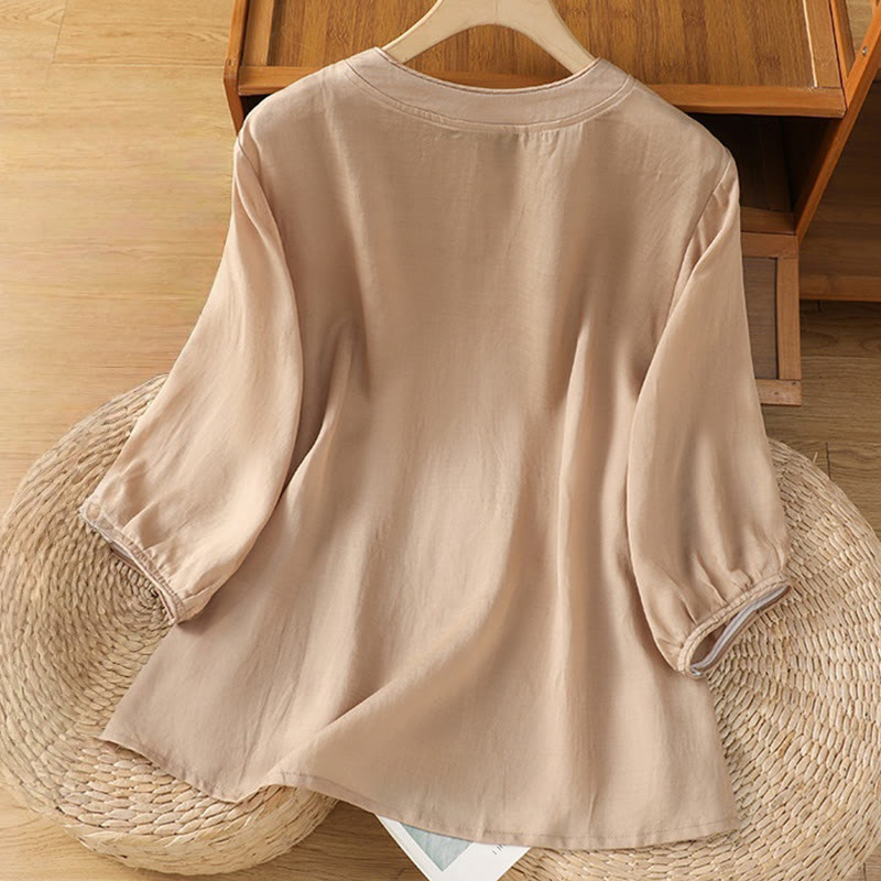 Koszula damska z kołnierzykiem stójkowym, bawełniana, poliestrowa, z krótkim rękawem i haftem w kształcie Buddha Stones - image 1